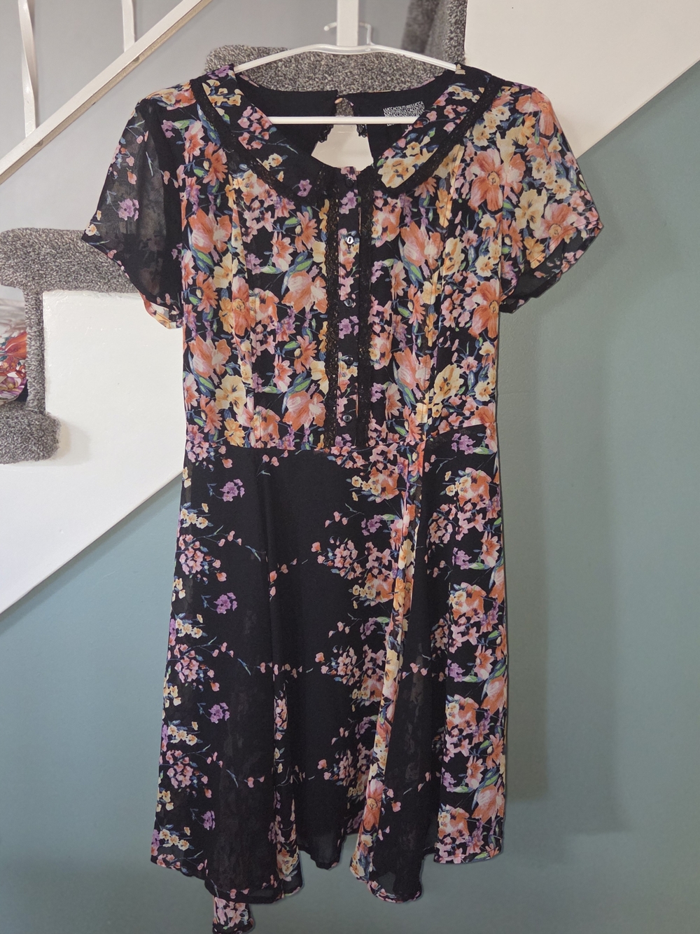 Lucca Couture Backless Black Midi Dress with Orange and Pink Floral Print